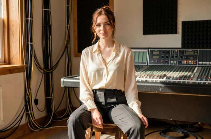 Jeune artiste assise dans un studio d'enregistrement authentique, illustrant le portrait de la nouvelle étoile montante Joséphine Archer Cameron dans son univers musical