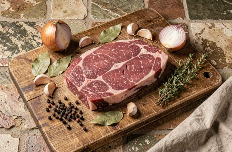 Langue de bœuf crue entière posée sur une planche en bois avec aromates, ail et herbes fraîches pour une recette en cocotte minute