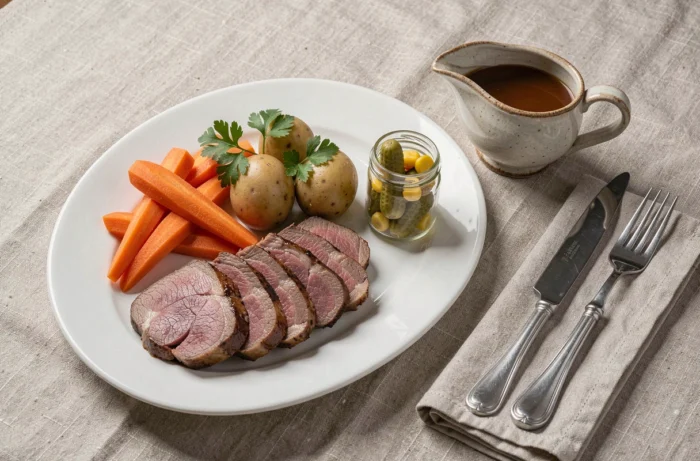 Langue de bœuf cuite et tranchée servie sur une assiette blanche avec légumes vapeur et cornichons, recette cocotte minute