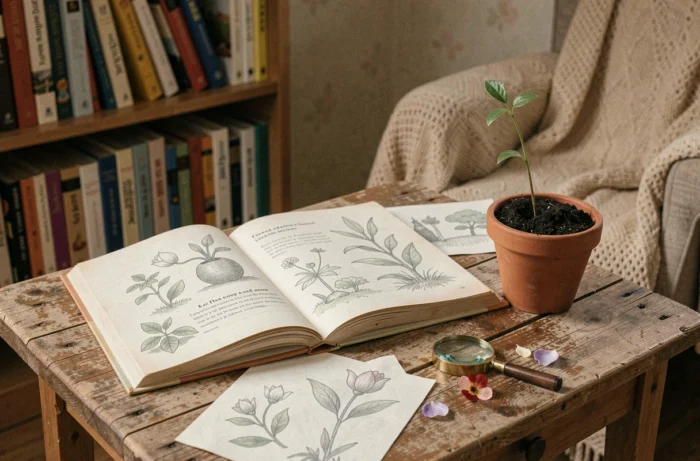 Livre ouvert Tistou les pouces verts sur une table en bois avec pot de plante et dessins de végétaux pour fiche de lecture jeunesse