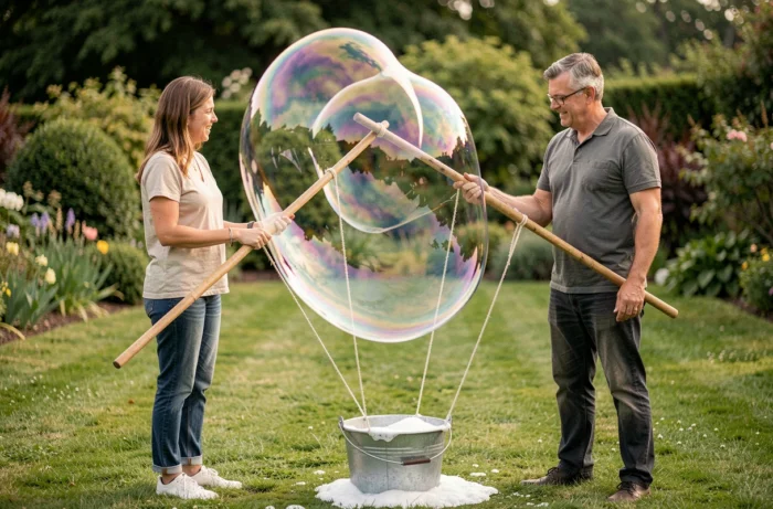 Couple soufflant des bulles géantes dans un jardin avec une machine à ficelle et bâtons