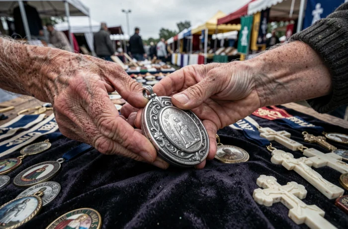 Mains âgées tenant un reliquaire en argent orné sur un tissu en velours à un marché aux puces d'objets religieux