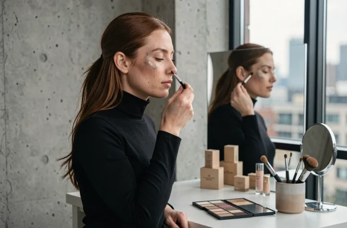 Jeune femme appliquant un maquillage naturel devant une coiffeuse dans un appartement urbain moderne, astuces maquillage beauté