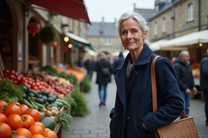 Marché traditionnel breton animé avec une femme parcourant les étals de légumes dans une place pavée entourée de bâtiments en granit