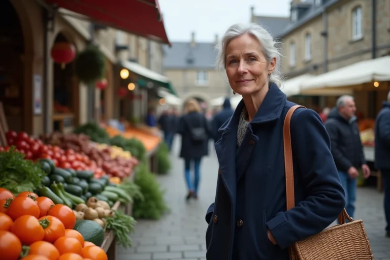 Marché traditionnel breton animé avec une femme parcourant les étals de légumes dans une place pavée entourée de bâtiments en granit