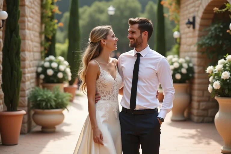 Couple de mariés élégants célébrant leur union lors d'une cérémonie de mariage en plein air dans le sud de la France