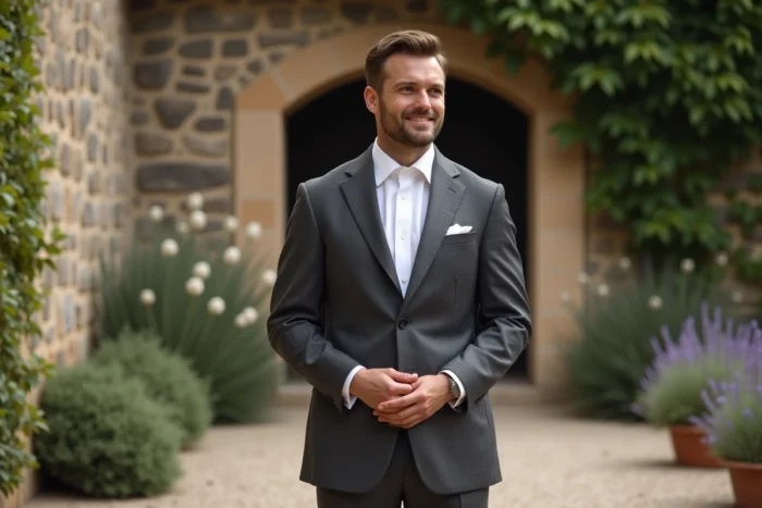 Marié en costume gris anthracite devant une chapelle en pierre de style provençal lors d'une cérémonie de mariage en France