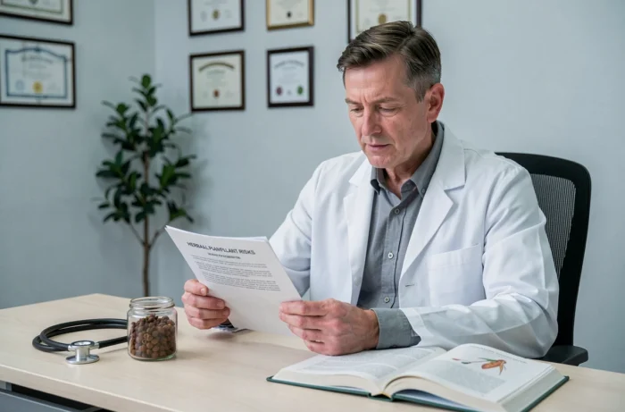 Médecin consultant des documents sur les risques et dangers potentiels de la plante haritaki en cabinet médical