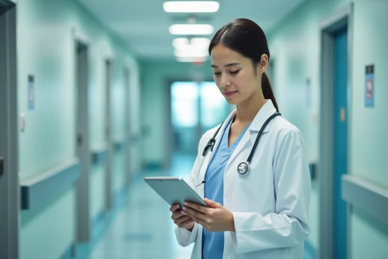 Médecin femme consultant une tablette médicale dans un couloir d'hôpital moderne