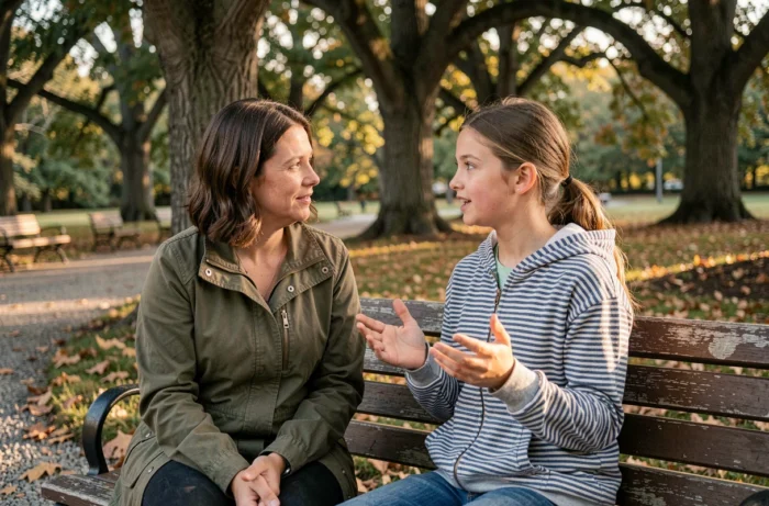 Mère et fille adolescente en conversation bienveillante sur un banc de parc, renforcement du lien parent-enfant à travers l'écoute et le dialogue