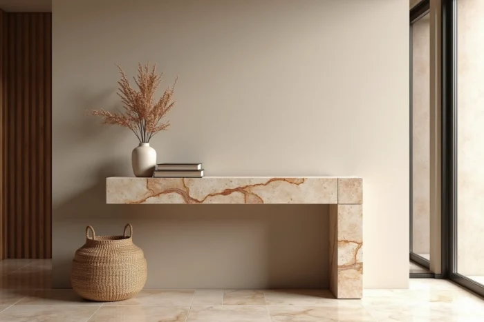Console en travertin brun aux veines naturelles dans une entrée contemporaine avec accessoires en céramique