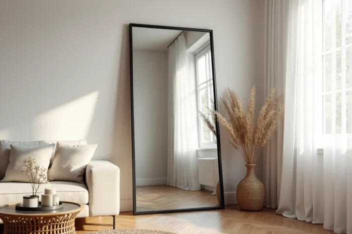 Grand miroir XXL à cadre noir fin posé au sol dans un salon, reflétant l'espace et doublant la profondeur visuelle