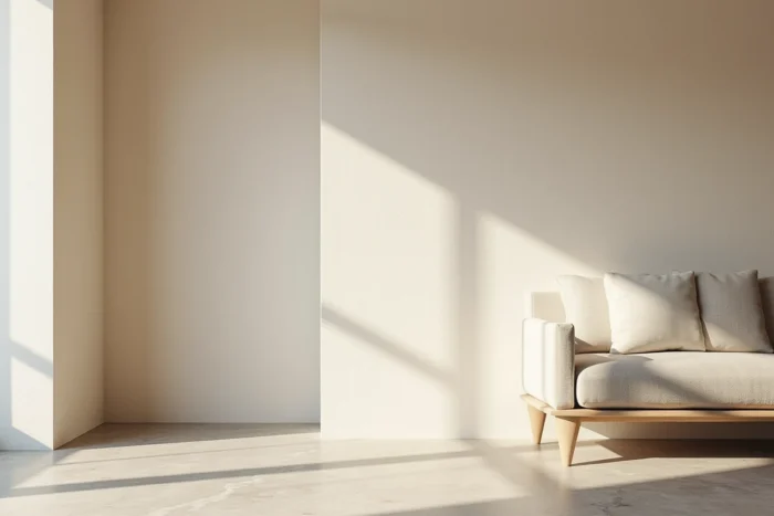 Mur intérieur recouvert d'enduit de chaux avec texture organique et tons sable chaleureux