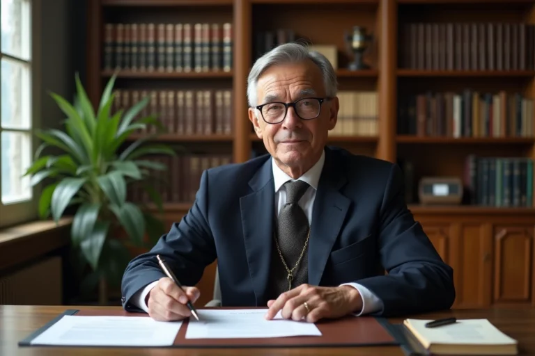 Notaire examinant des documents fiscaux liés à l'article 790 G du code général des impôts dans son étude