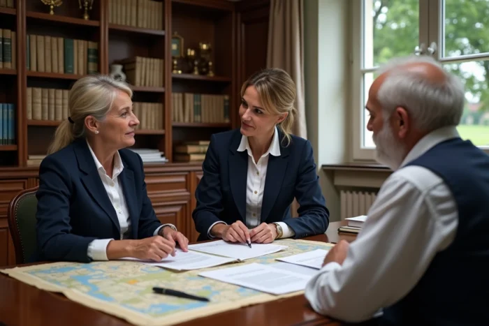 Réunion chez le notaire pour la signature de l'acte de vente d'un étang avec documents officiels