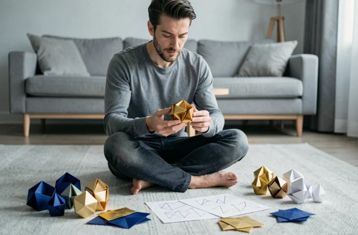 Homme assemblant un mobile en origami modulaire avec des unités en papier coloré