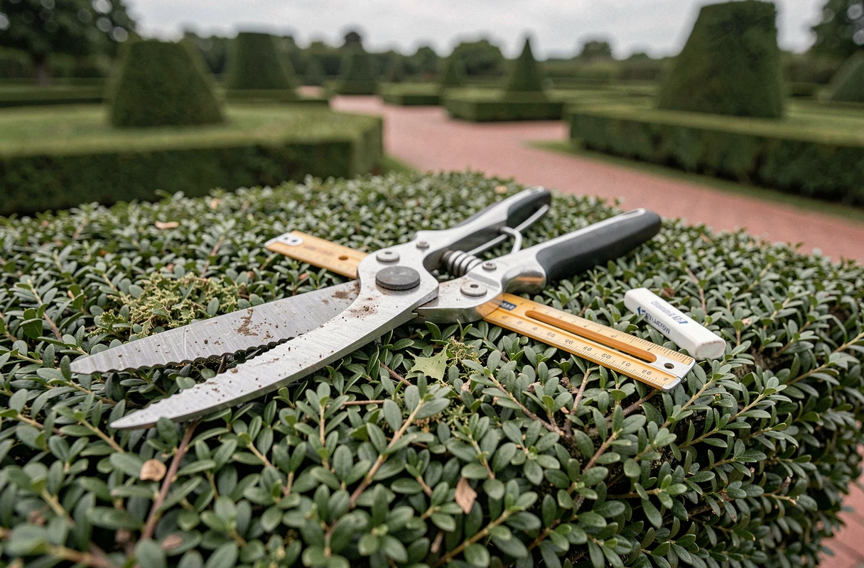 Outils de taille de haie professionnels posés sur une haie d'if parfaitement plane dans un jardin formel