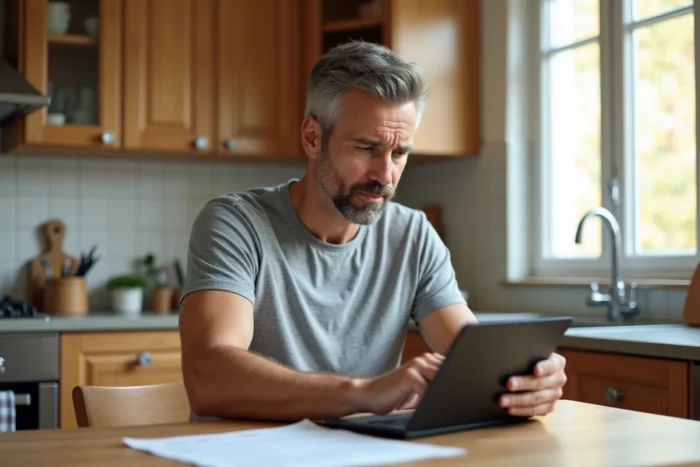 Parent consultant le portail ENT scolaire sur une tablette à la maison pour aider son enfant à se reconnecter