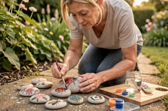 Femme peignant des galets avec des motifs colorés pour décorer le jardin