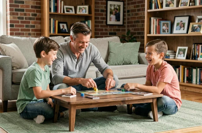 Père jouant à un jeu de société avec ses enfants dans le salon, moment de complicité familiale et de partage quotidien