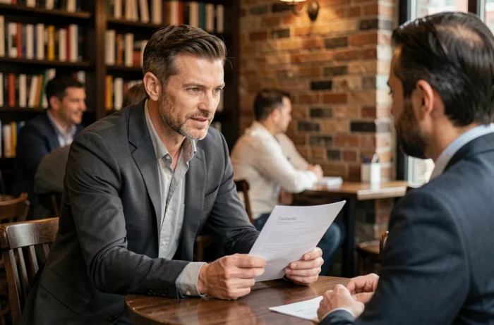 Homme d'affaires réalisant un pitch commercial en tête-à-tête dans un café urbain moderne