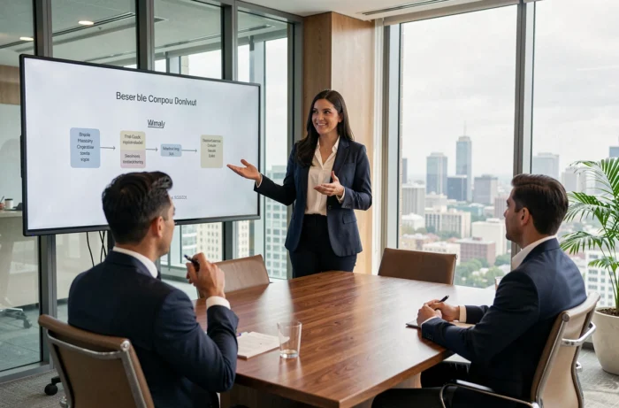 Femme d'affaires présentant un pitch commercial dans une salle de réunion moderne devant des collègues attentifs