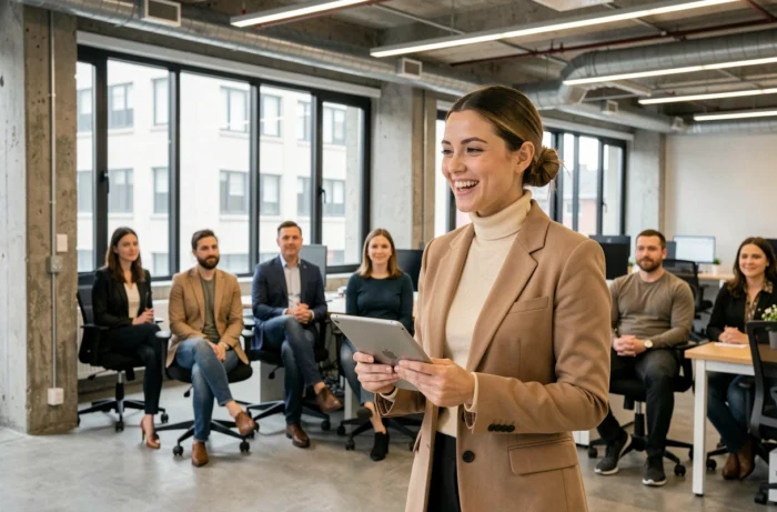 Jeune professionnelle présentant un pitch percutant à une équipe dans un espace de travail de startup moderne