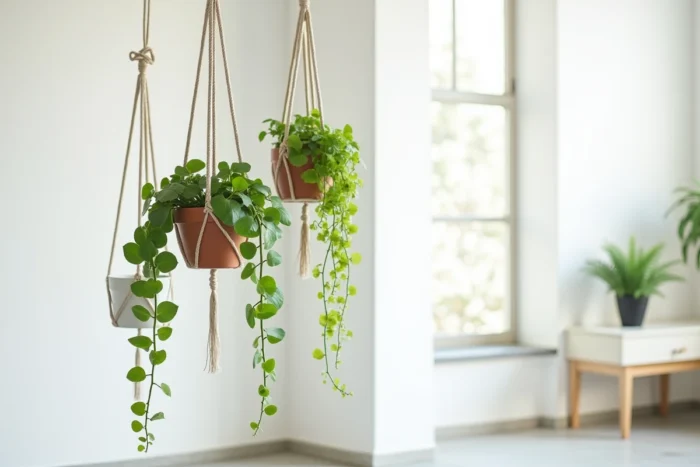 Plantes suspendues en pots dans des suspensions en macramé naturel à différentes hauteurs dans un salon lumineux