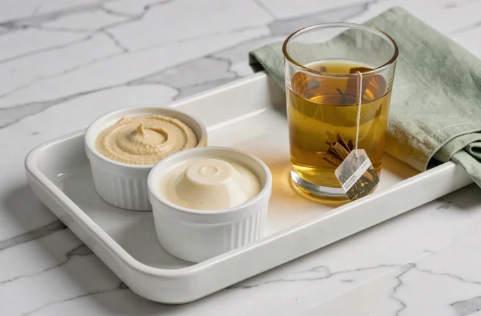 Plateau de nourritures molles recommandées après extraction de dents : houmous, panna cotta et tisane sur marbre blanc