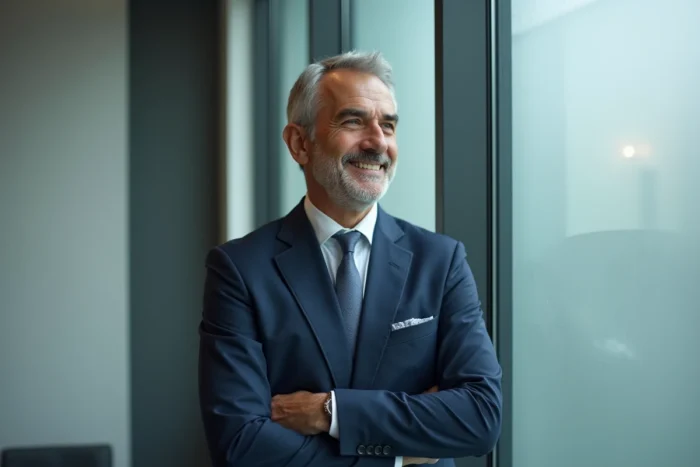 Portrait éditorial d'un homme élégant en costume marine dans un bureau moderne, évoquant le mystère autour de la vie privée de Yann Barthès
