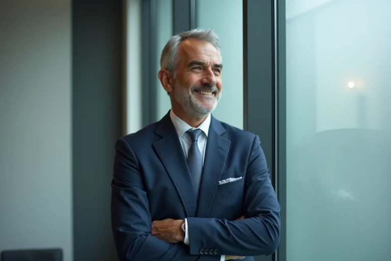 Portrait éditorial d'un homme élégant en costume marine dans un bureau moderne, évoquant le mystère autour de la vie privée de Yann Barthès