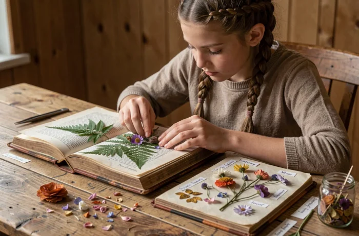 Adolescente réalisant une presse à fleurs et collant des plantes séchées dans un herbier maison