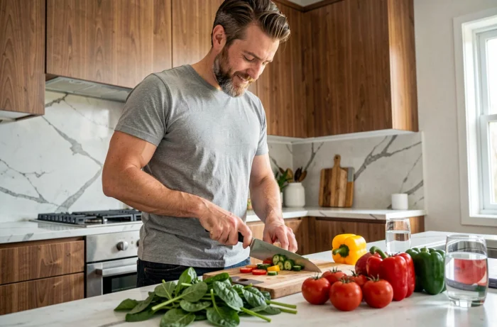 Homme préparant un repas sain à base de légumes frais dans une cuisine moderne pour prévenir les maladies