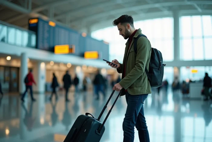 Professionnel en déplacement gérant ses activités sur application mobile dans un terminal d'aéroport