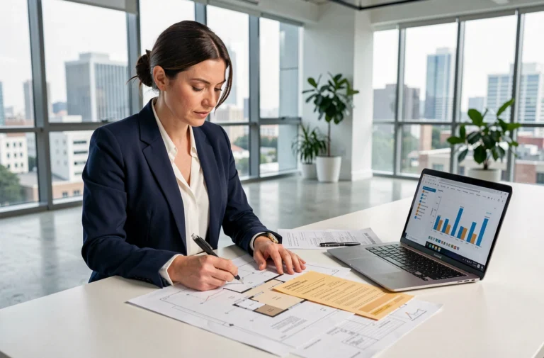 Professionnelle de l'immobilier analysant des plans et des documents de marché dans une agence moderne