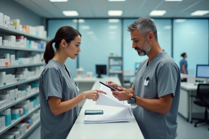 Deux professionnels de santé consultant un protocole clinique dans une pharmacie hospitalière