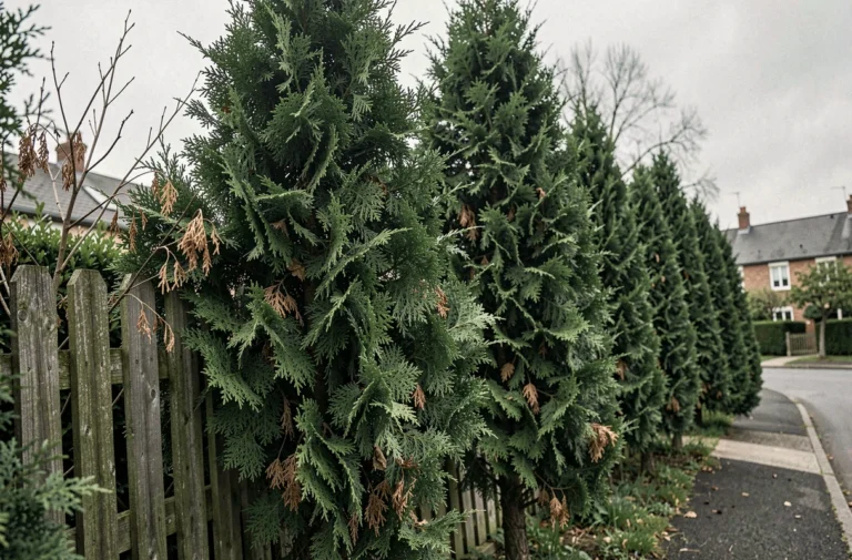 Rangée de thuyas mature en bordure d'un jardin résidentiel français montrant des signes de dessèchement des branches