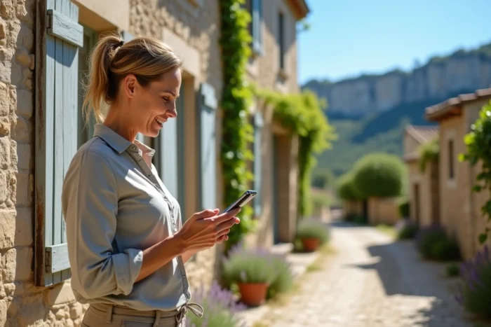Femme cherchant une location de vacances bon marché sur smartphone devant un gîte en pierre à Vallon-Pont-d'Arc