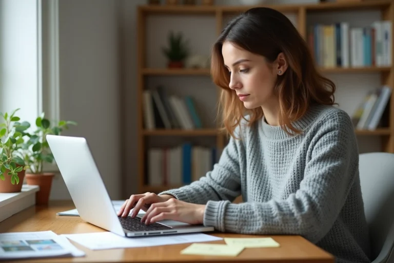 Femme recherchant un bien immobilier en ligne sur un ordinateur portable depuis son bureau à domicile
