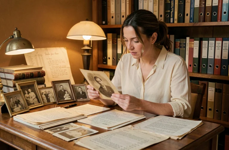 Femme consultant des archives familiales et photographies anciennes pour retracer des origines généalogiques
