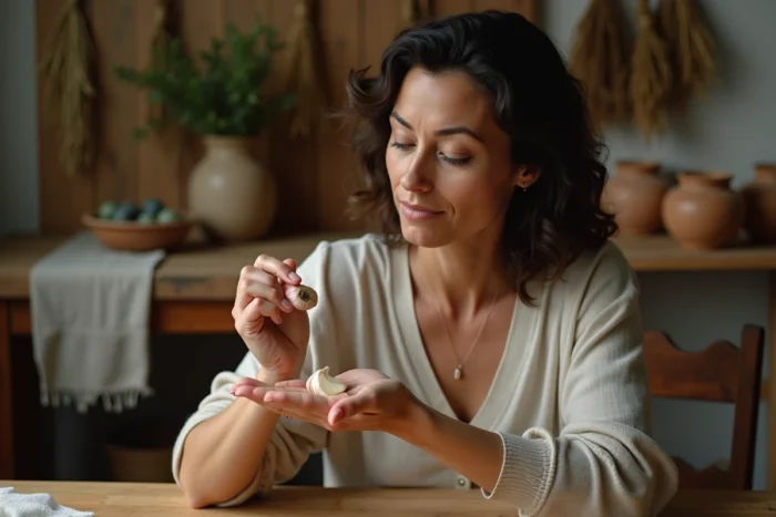 Femme utilisant une tranche d'ail frais comme remède naturel sur un grain de beauté sur le dos de la main dans une cuisine rustique