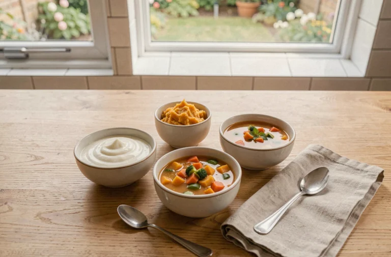 Repas doux après extraction dentaire : yaourt, purée de patate douce et soupe tiède présentés sur une table en bois
