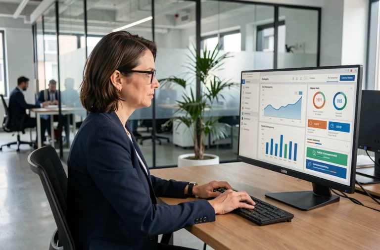 Responsable de conformité analysant un tableau de bord de gestion des risques sur un logiciel e-GRC en entreprise