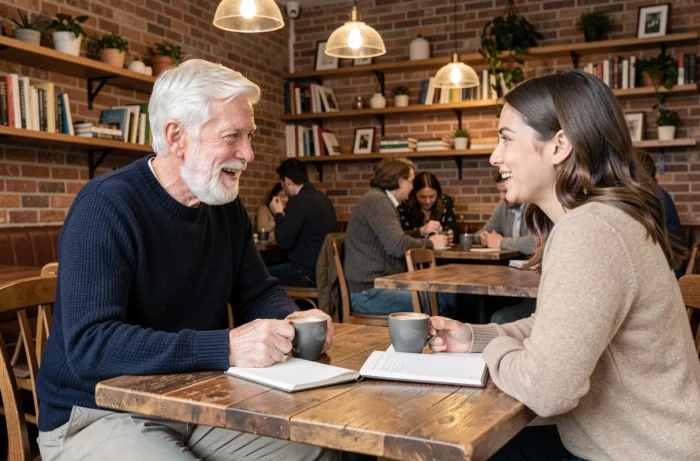 Homme retraité discutant avec sa fille dans un café cosy, illustrant les liens sociaux pendant la retraite