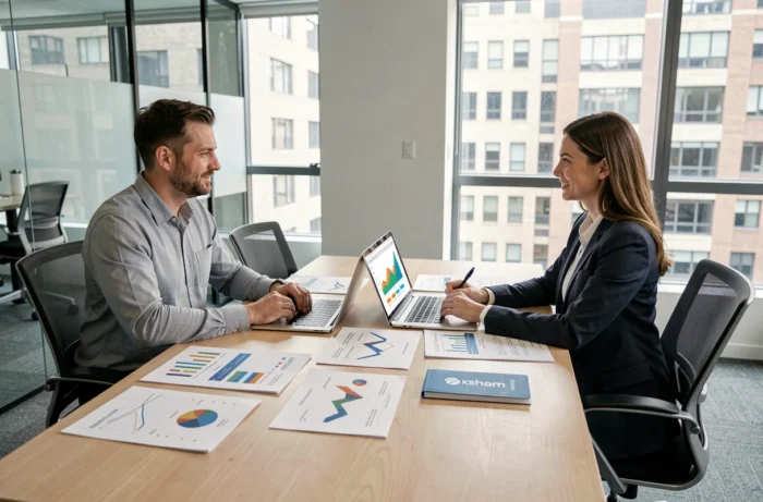 Deux dirigeants de PME analysant des rapports de performance marketing lors d'une réunion stratégique