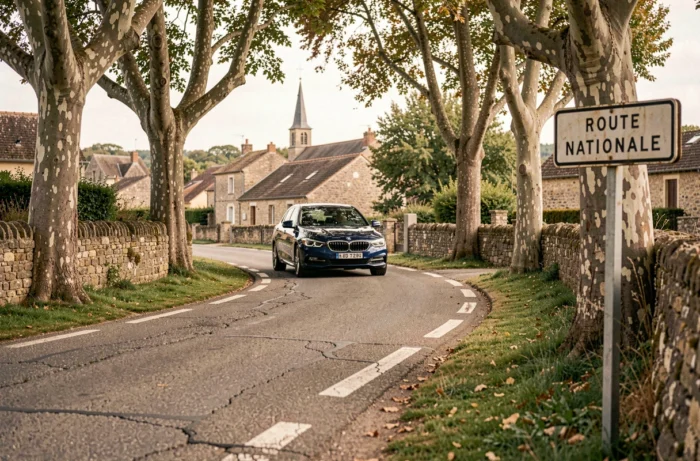 Voiture roulant sur une route nationale française traversant un village rural avec maisons en pierre et platanes