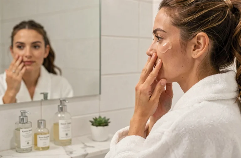 Femme appliquant un sérum de soin sur son visage dans une salle de bain minimaliste, routine beauté quotidienne