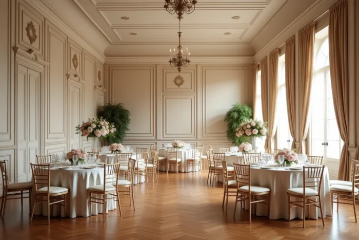 Salle de réception parisienne vide et élégamment décorée pour un mariage privé, symbolisant le secret et le mystère autour d'une cérémonie intime