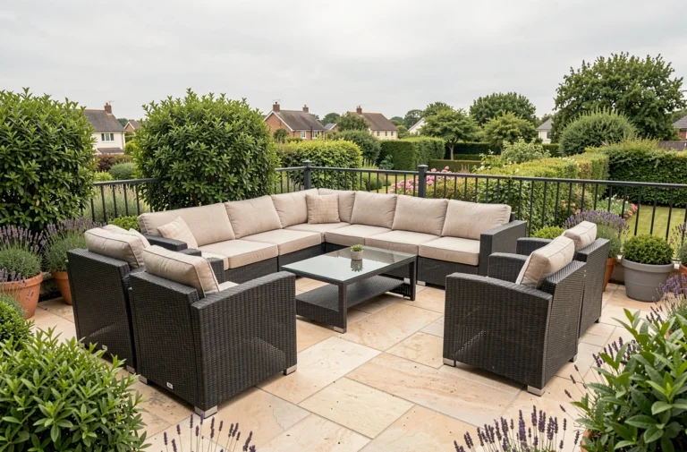 Salon de jardin complet en résine tressée grise avec canapé d'angle et table basse sur une grande terrasse carrelée, entourée de plantes vertes