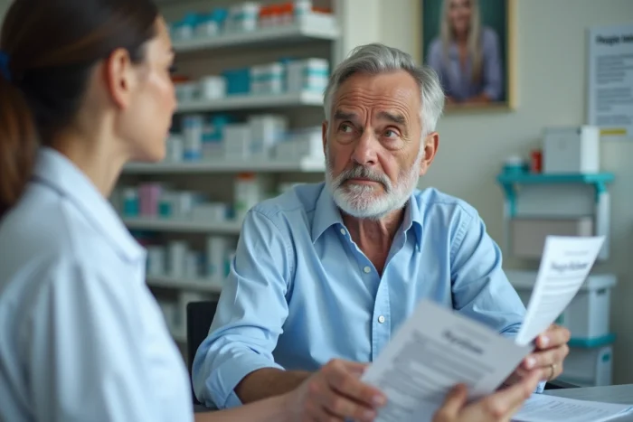 Homme âgé consultant une pharmacienne sur les risques du Bion 3 Senior pour les diabétiques et hypertendus